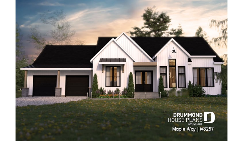 front - BASE MODEL - One-story modern farmhouse, 2 to 3 bedrooms, 2-car-garage, large covered terrace, 10' ceiling in living - Maple Way