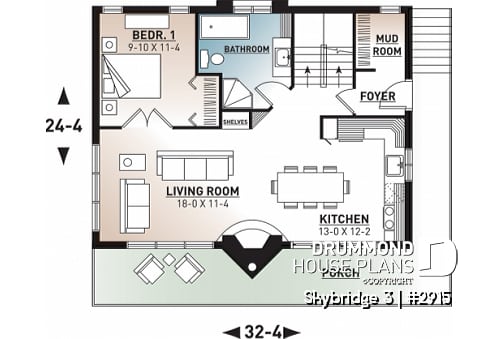 1st level - Affordable mountain rustic cottage chalet house plan, 3-4 bedrooms, open loft, cathedral ceiling, 2 fireplaces - Skybridge 3