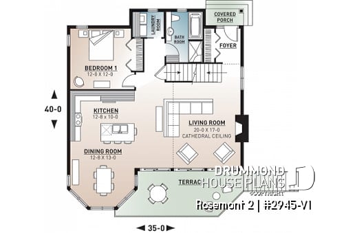 1st level - Charming 3 bedroom cottage house plan, 2 bathrooms, mezzanine, unfinished walkout basement - Sunburst 5